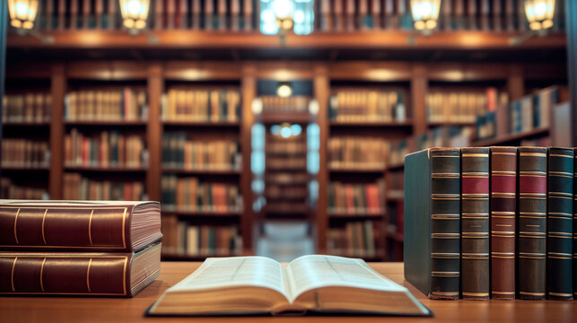 Book in library with old open textbook