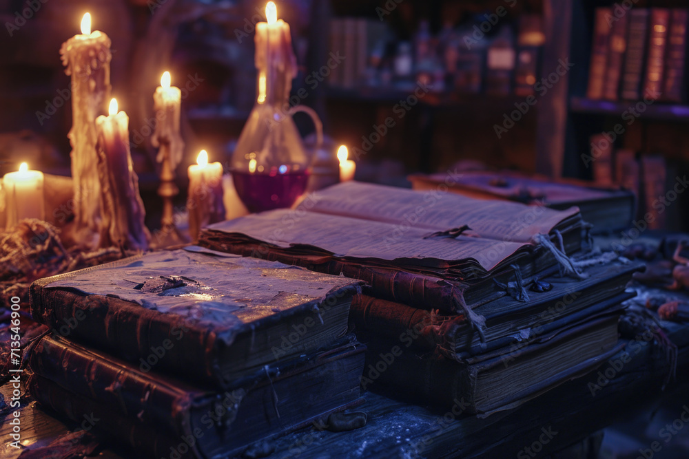 Poster A table covered with numerous books and candles. This versatile image can be used for various purposes