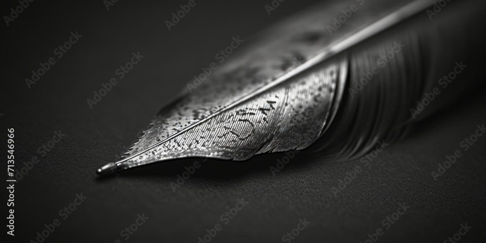 Poster A close-up photograph of a black and white feather. Suitable for various design projects and nature-themed presentations
