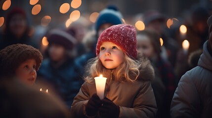 Adorable little girl holding burning candle at Christmas market in evening time