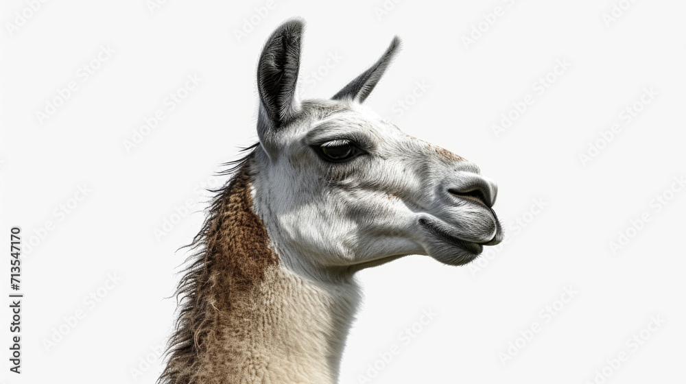 Poster A detailed close-up view of a llama's face. This image can be used to depict the unique features and expressions of a llama.