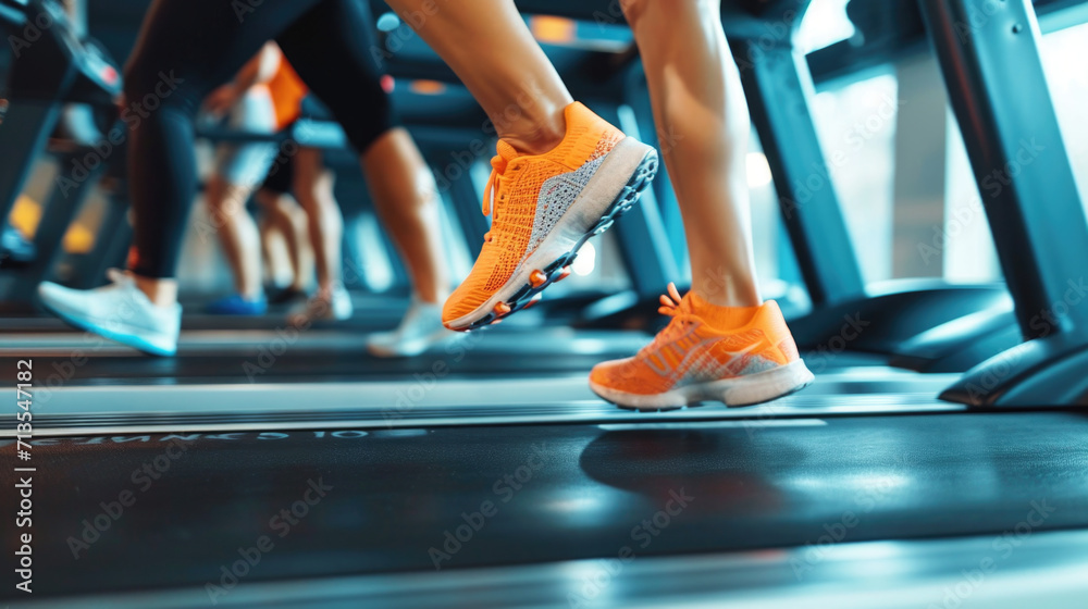 Poster a group of people running together on a treadmill. suitable for fitness and exercise concepts