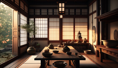 Japanese minimalist house room interior design  - obrazy, fototapety, plakaty