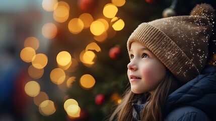 Portrait of a cute little girl on the background of the Christmas tree.