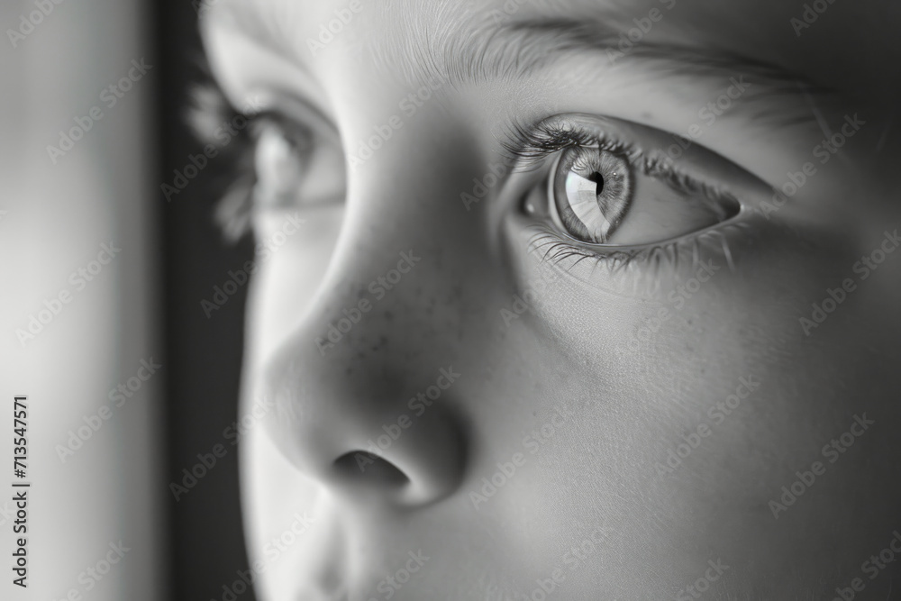Poster Close up of a child's eye looking out a window. Suitable for various themes and concepts