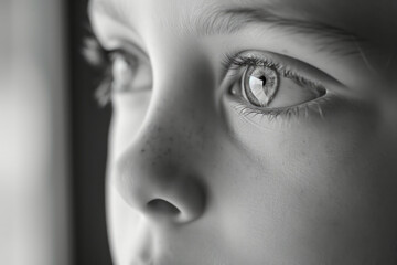 Close up of a child's eye looking out a window. Suitable for various themes and concepts