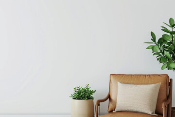 A simple and minimalist composition featuring a chair and a potted plant placed against a clean white wall. Perfect for interior design, home decor, and lifestyle themes