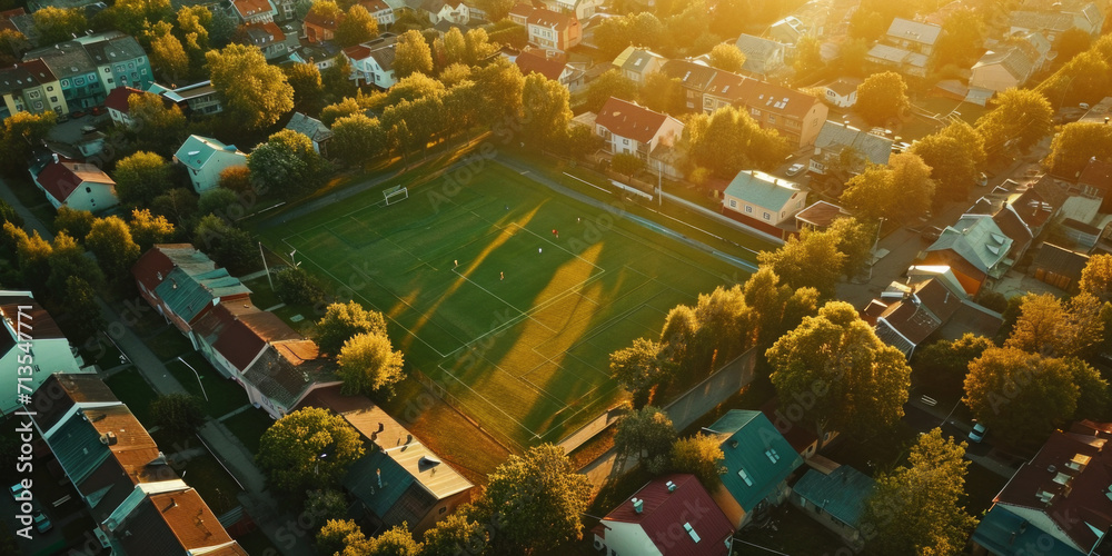Poster a bird's eye view of a soccer field with houses surrounding it. perfect for showcasing the integrati