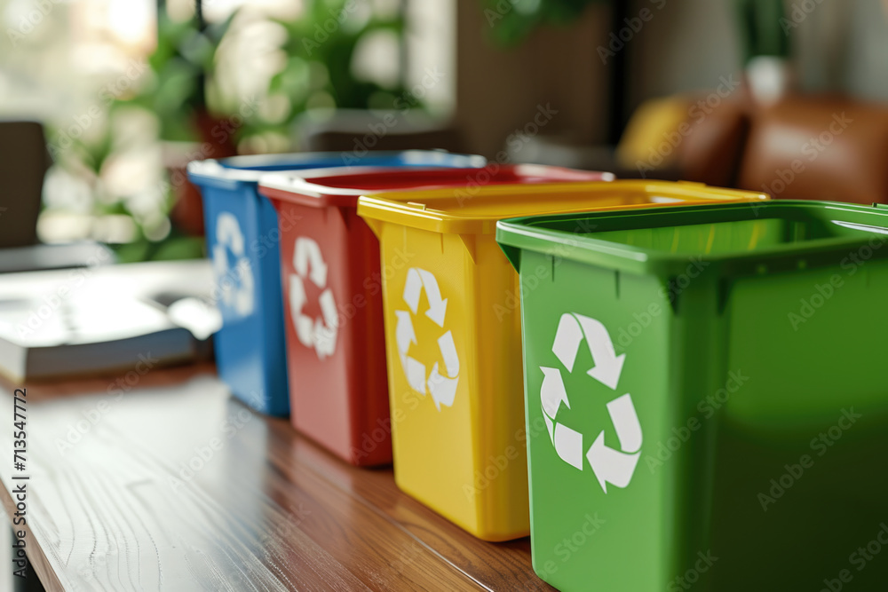 Poster Recycle bins neatly arranged on a wooden table. Perfect for illustrating eco-friendly practices and waste management solutions.