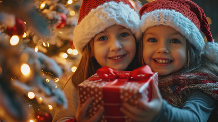 Two adorable little girls wearing Santa hats and excitedly holding a beautifully wrapped present. Perfect for holiday-themed projects and festive celebrations