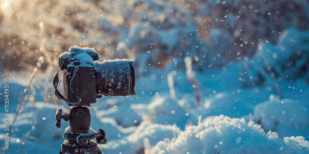 Poster A camera mounted on a tripod standing in the snowy landscape. Suitable for winter photography or capturing snowy scenes