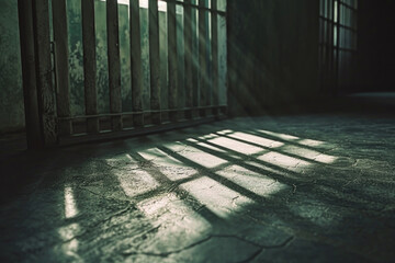 A jail cell with sunlight streaming through the bars. Suitable for crime, justice, and incarceration concepts