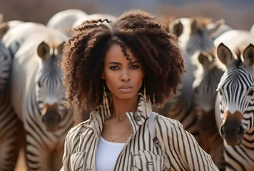 Stoff pro Meter fashion outdoor photo of beautiful sensual woman with afro hair in elegant clothes posing among zebras © PixStudio