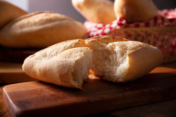 Bolillo bread. Traditional mexican bakery. White bread also called french bread commonly used to accompany food and to prepare Mexican sandwiches called Tortas.