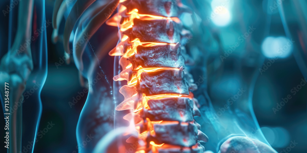 Poster a human spine with a glowing spine in the background. ideal for medical illustrations and educationa