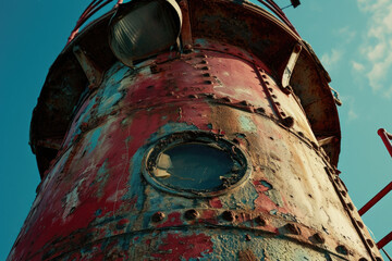 A rusted lighthouse tower standing tall against a serene blue sky. Perfect for coastal-themed designs and nautical concepts