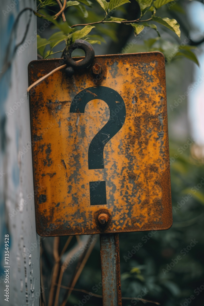 Aufkleber A rusted sign with a question mark symbol. Can be used to represent uncertainty or a sense of mystery.