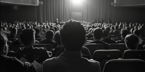 A crowd of people sitting in front of a stage. Suitable for event promotions or concert...