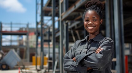 Portrait of a young black woman working on a construction site