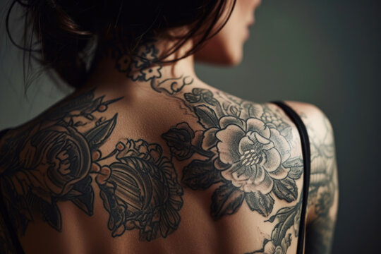A woman with a tattoo on her back. Suitable for fashion, body art, and personal expression concepts