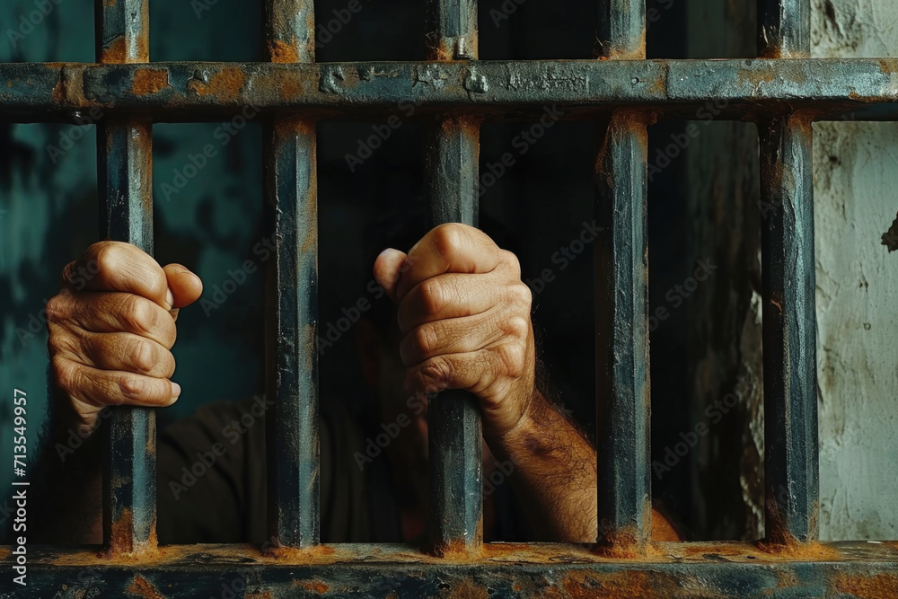 Poster Close-up view of a person's hands behind bars. Suitable for crime-related themes or concepts of imprisonment