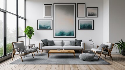 Fototapeta premium Living Room With Furniture and Large Window