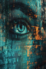 A close up view of a person's eye with a digital background. This image can be used to represent technology, digital communication, or the concept of the digital age