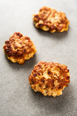  Golden Brown Chopped Chicken Cutlets or Patties with mozzarella cheese on concrete background.