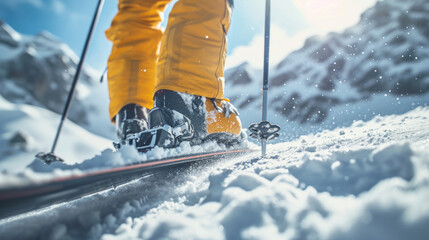 A person in yellow skis is seen skiing down a snowy slope. Perfect for winter sports and outdoor activities - Powered by Adobe