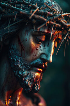 A man wearing a crown of thorns on his head. This image can be used to represent suffering, sacrifice, or religious symbolism