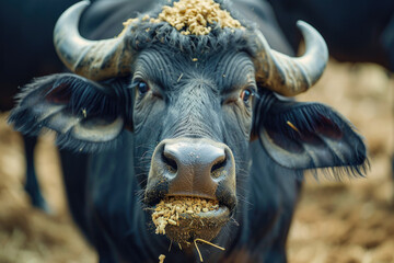 A detailed shot of a cow eating hay. Ideal for agricultural and farming concepts