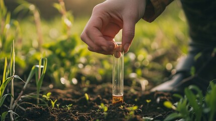 Hand Holding soil sample in a tube on the field for chemical analysis and ph test. Agrochemical analysis soil and greenhouse soil for fertility. Soil quality monitoring concept photography - obrazy, fototapety, plakaty