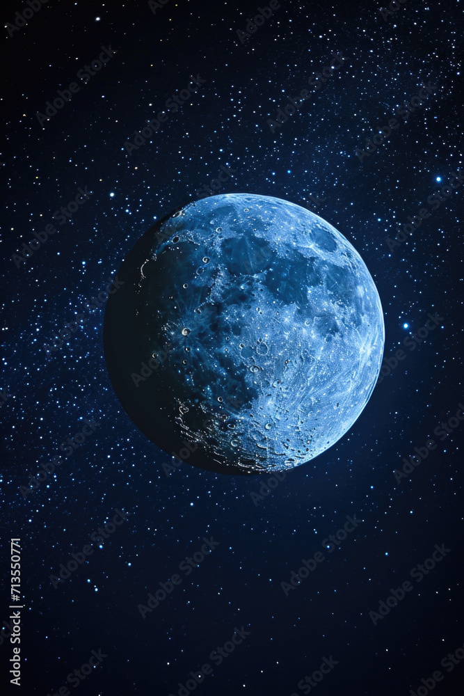 Poster a stunning image of a blue moon shining brightly in the middle of the night sky. perfect for various