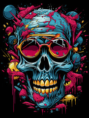 T-shirt design, skull, deklart, graffiti style, comic book style created with Generative Ai