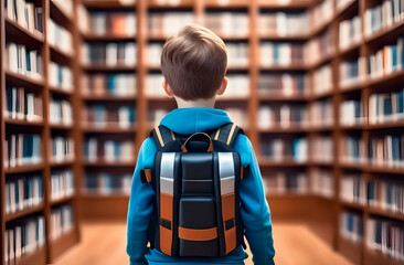 Back view, little pupil in library. Boy looking at bookshelf in library. Education, Knowledge. Concept of studying, back to school and education. - obrazy, fototapety, plakaty