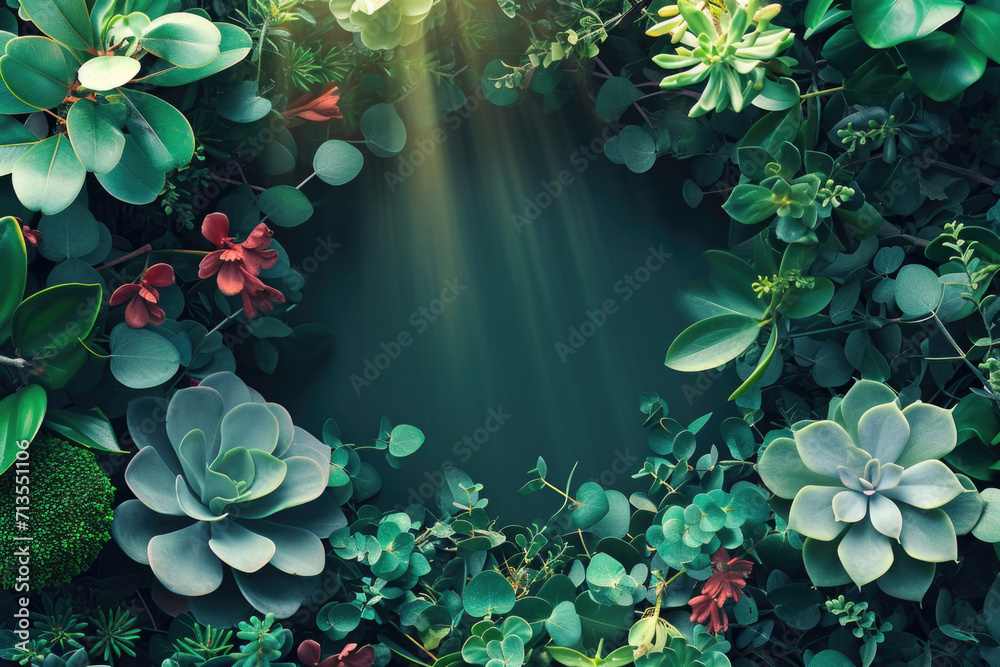 Poster a circular arrangement of green plants and flowers. perfect for adding a touch of nature to any spac