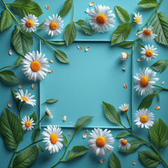 Flower, daisy, yellow, white, green leaves garden, gardening, happiness, sun, ad, blue background.