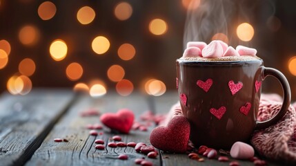 A cup of steaming hot cocoa, adorned with heart-shaped marshmallows, inviting cozy moments and sweet conversations in celebration of Valentine's Day