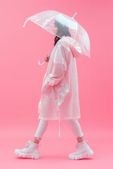 A woman dressed in a pink raincoat holding an umbrella. Suitable for weather-related concepts or fashion themes