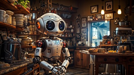 Fototapeta premium Cute robot with a friendly face, personal assistant in the kitchen 