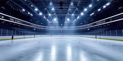 An empty hockey rink with lights shining on the ice. Ideal for sports-themed designs and...