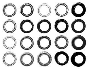 Grunge distressed circle set collection. Circles Frame border brush stroke style. Black lines in circle form, grungy texture elements isolated on white background 