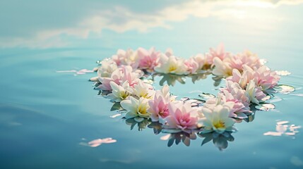 A heart-shaped arrangement of delicate pink and white lilies floating on a serene pond. The water reflects a clear blue sky and wispy clouds