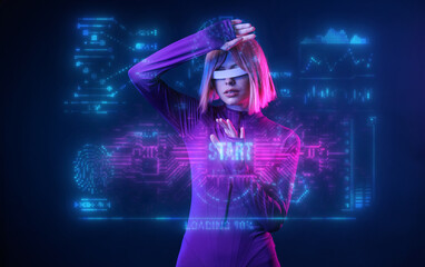 Hologram woman in futuristic costume with flowing hair. Female in modern VR glasses interacting...