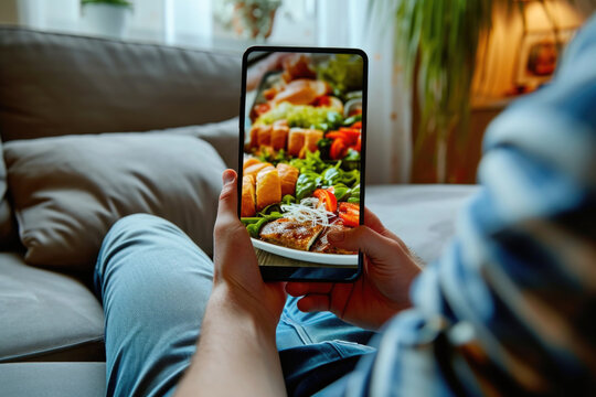 A person capturing a photo of a delicious plate of food. Perfect for food bloggers and restaurant reviews