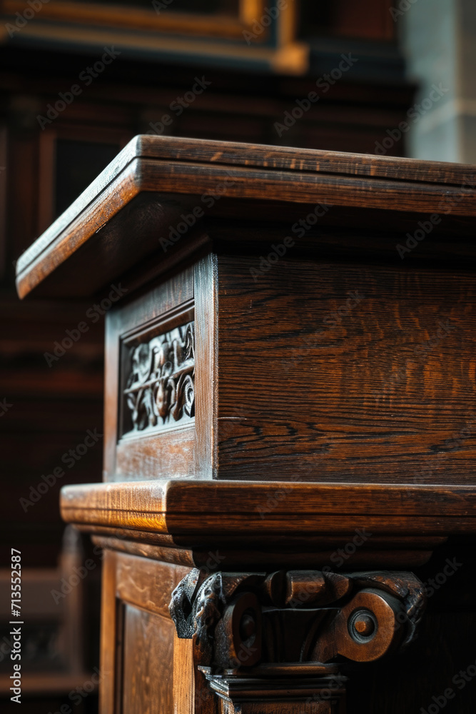 Poster A close up view of a wooden table with a clock in the background. This image can be used to represent time management, productivity, or a cozy home office setup