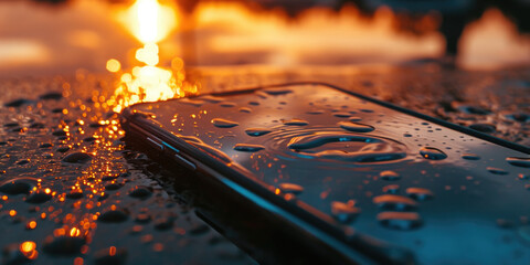 A cell phone is placed on top of a wet ground. This image can be used to depict the dangers of water damage to electronic devices