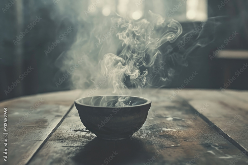 Poster A bowl of smoke sitting on top of a wooden table. Perfect for adding a mysterious and atmospheric touch to your projects