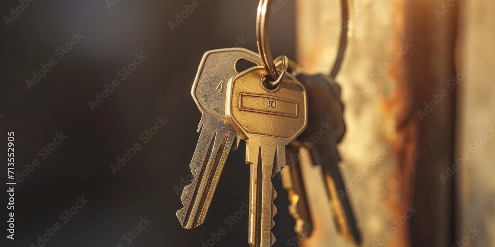 Poster a bunch of keys hanging from a hook. can be used to represent security, access, or organization