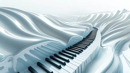 A digital artwork featuring a piano keyboard blending seamlessly into flowing white fabric, suggesting musical elegance and creative fusion.